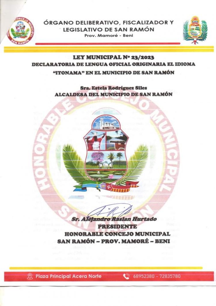 GAM SAN RAMÓN ENTREGA AL ILC ITONAMA LEY N°23/2023 de Declaratoria de Lengua Oficial Originaria el Idioma Itonama en el Municipio de San Ramon Provincia Mamoré
