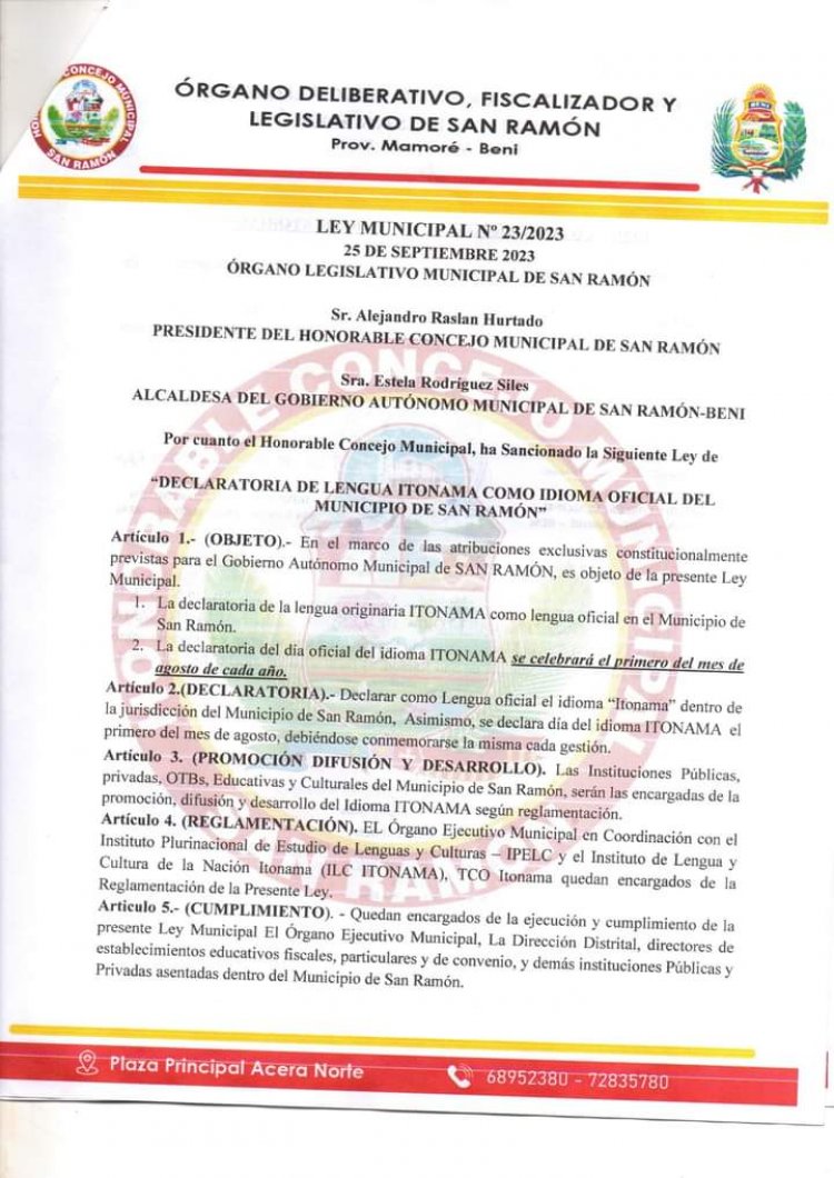GAM SAN RAMÓN ENTREGA AL ILC ITONAMA LEY N°23/2023 de Declaratoria de Lengua Oficial Originaria el Idioma Itonama en el Municipio de San Ramon Provincia Mamoré