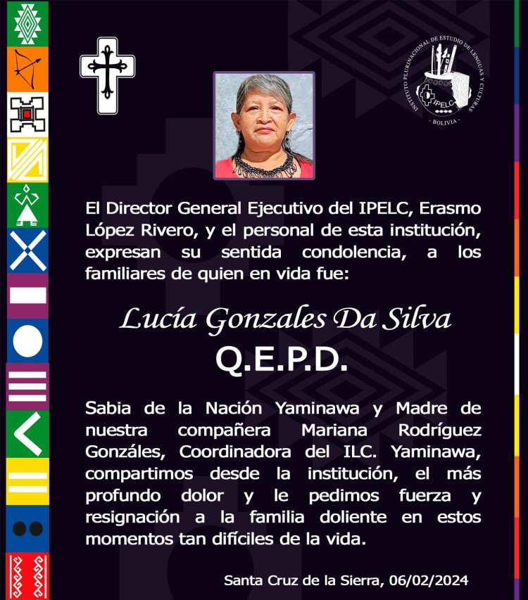 El Director General Ejecutivo del IPELC, Erasmo López Rivero, y el personal de esta institución, expresan su sentida condolencia, a los familiares de quien en vida fue, Lucía Gonzales Da Silva Q.E.P.D.