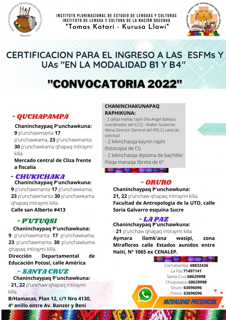 Cronograma de evaluación para el ingreso a las ESFMs y UAs en la modalidad B1 y B4. Convocatoria 2022.