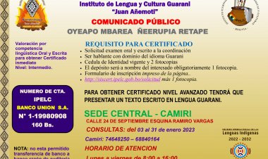 COMUNICADO PUBLICO OYEAPO MBAREA ÑEERUPIA RETAPE INSCRIPCION, 03 AL 31 ENERO 2023