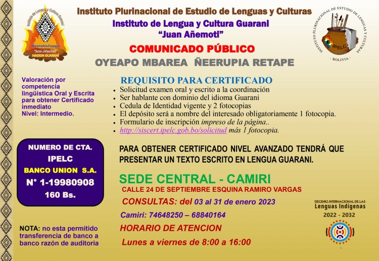 COMUNICADO PUBLICO OYEAPO MBAREA ÑEERUPIA RETAPE INSCRIPCION, 03 AL 31 ENERO 2023